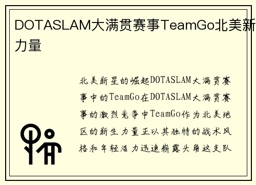 DOTASLAM大满贯赛事TeamGo北美新生力量